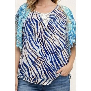 FIGUEROA & FLOWER Blouse Women's Large Blue Zebra Print Flutter Sleeve bohlti